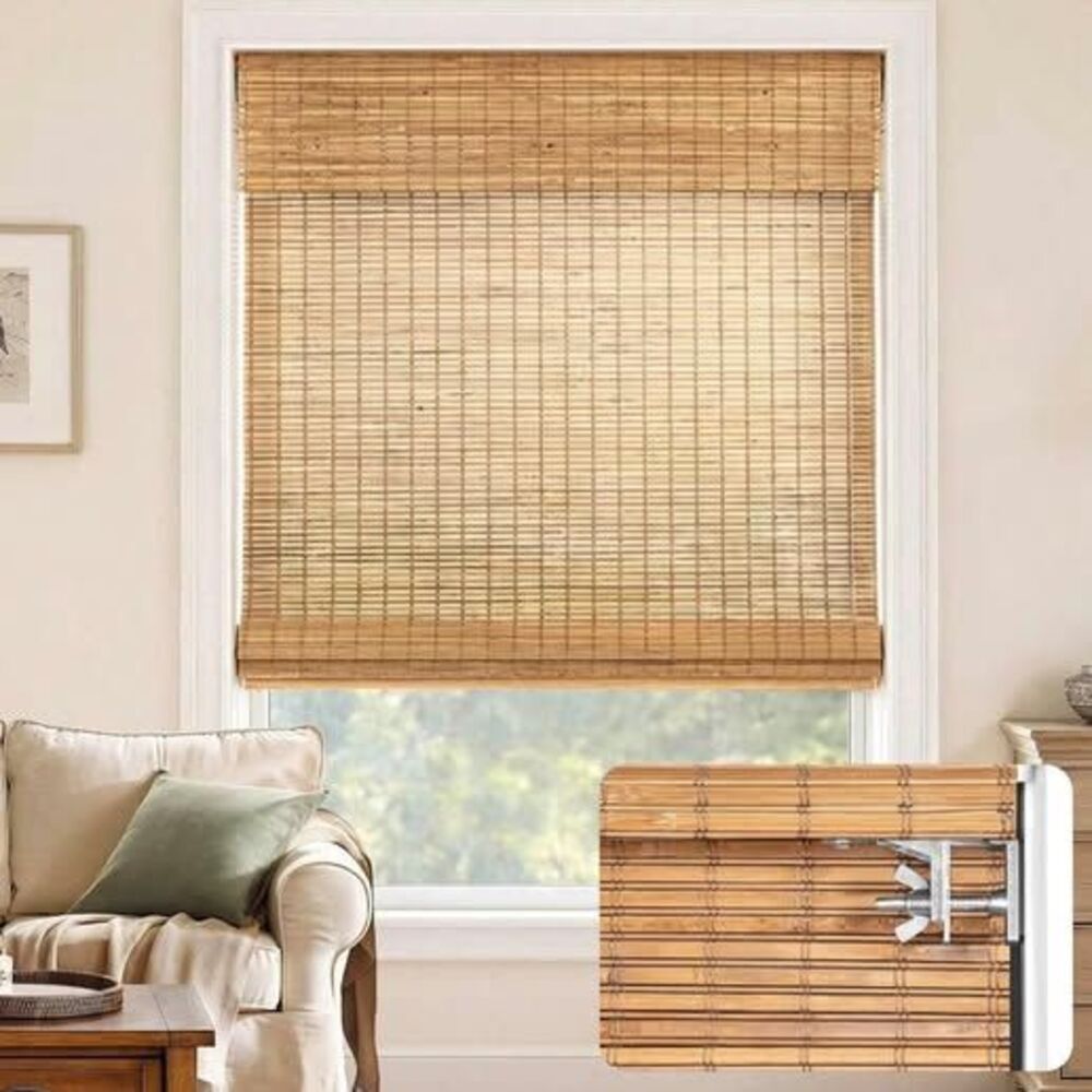 LazBlinds No Drill Bamboo Roman Shades, 31" W x 64" H, Malay Oak